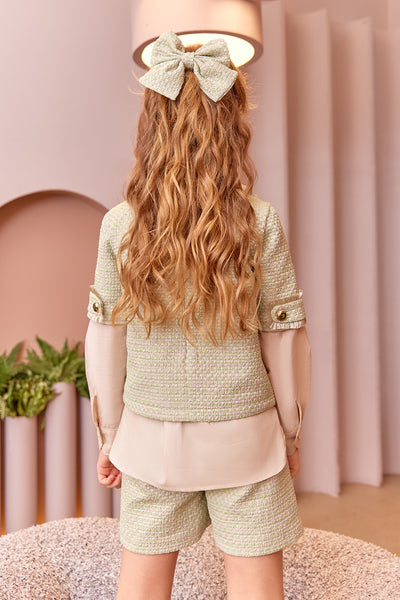 Light green and gold tweed top and shorts set