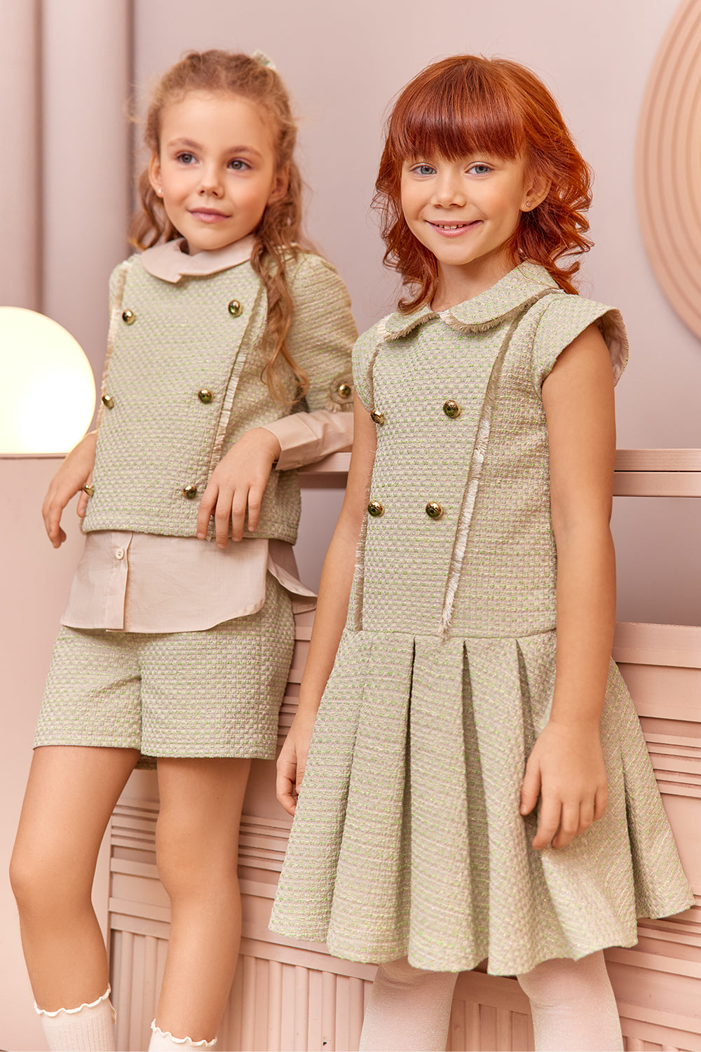 Light green and gold tweed top and shorts set