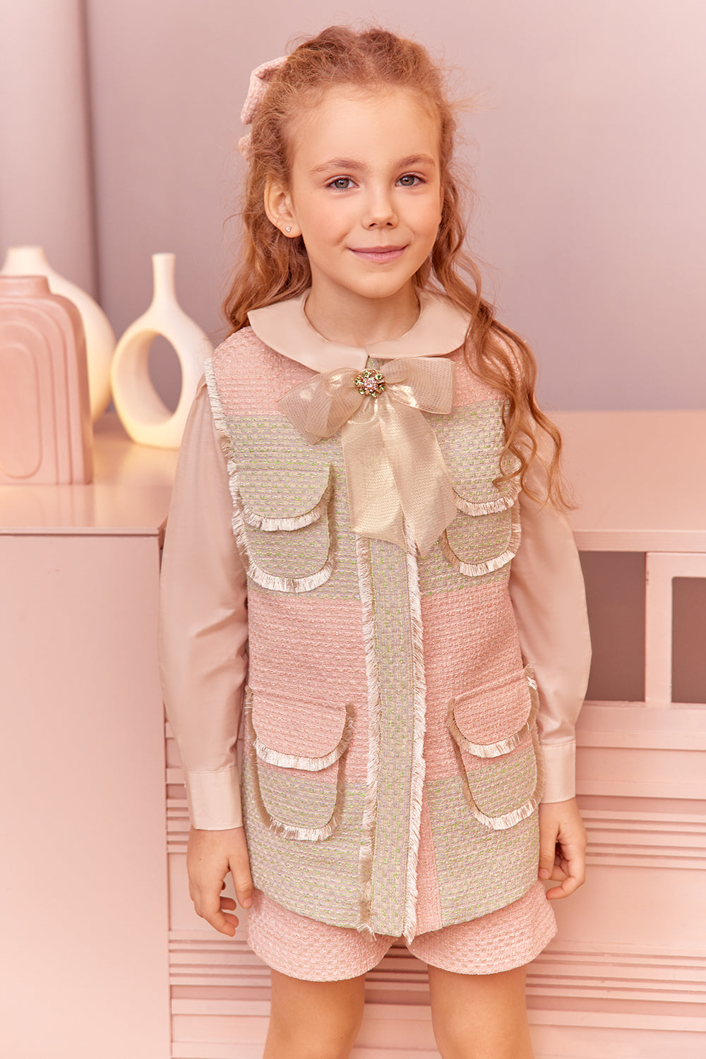 Pink and light green tweed gilet with pockets and gold fringes