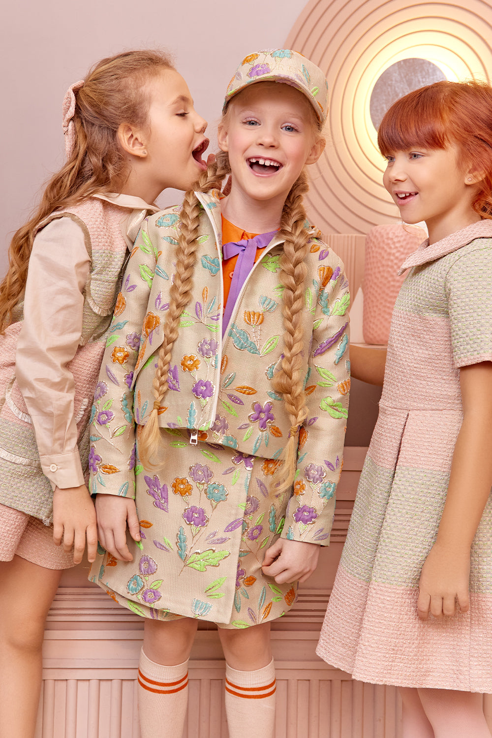 Pink and light green tweed gilet with pockets and gold fringes