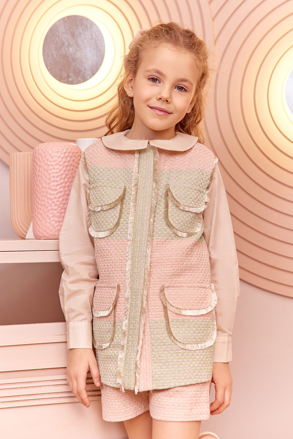 Pink and light green tweed gilet with pockets and gold fringes