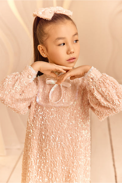 Powder pink sequin glittery dress with bow and fringes