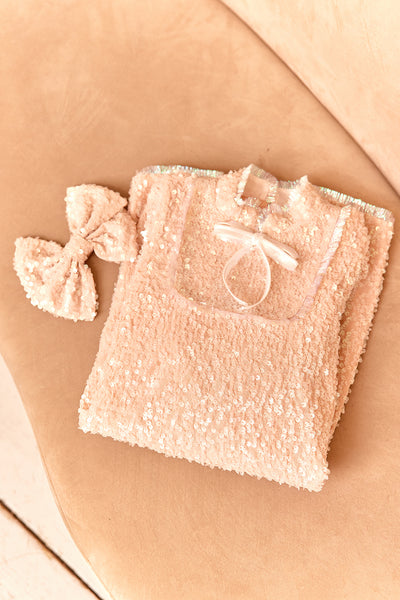 Powder pink sequin glittery dress with bow and fringes