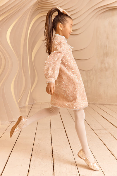 Powder pink sequin glittery dress with bow and fringes