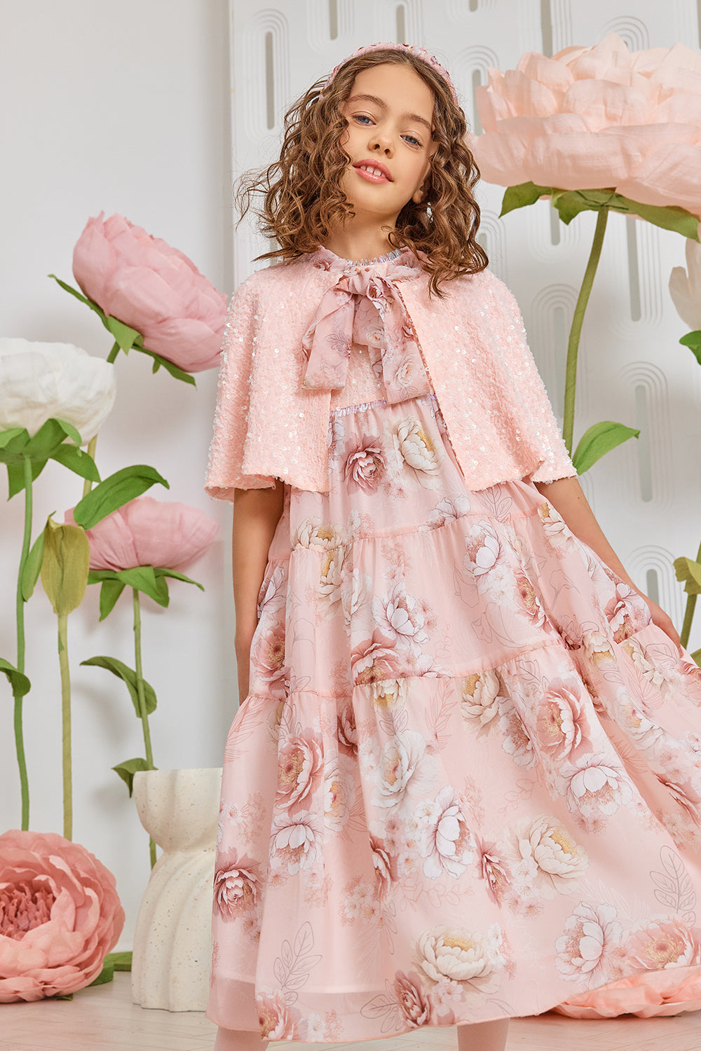 Pale pink floral chiffon dress with pink glittery sequins front