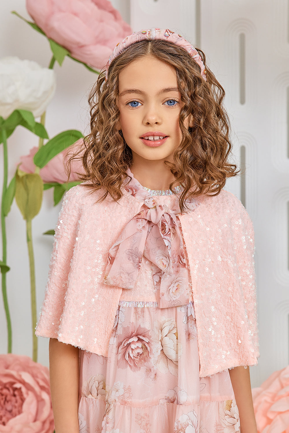 Pale pink floral chiffon dress with pink glittery sequins front