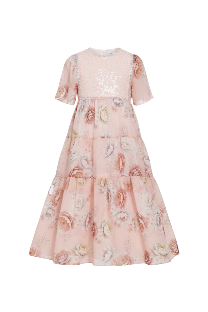 Pale pink floral chiffon dress with pink glittery sequins front