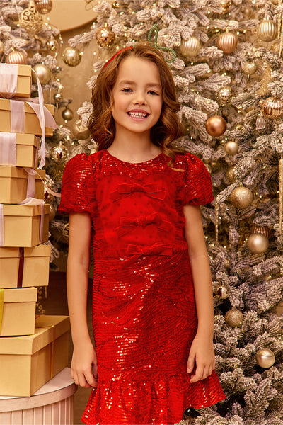 Red velvet sequin dress with bows