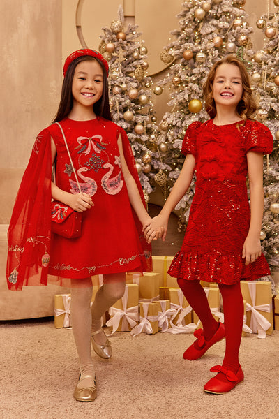 Red velvet sequin dress with bows