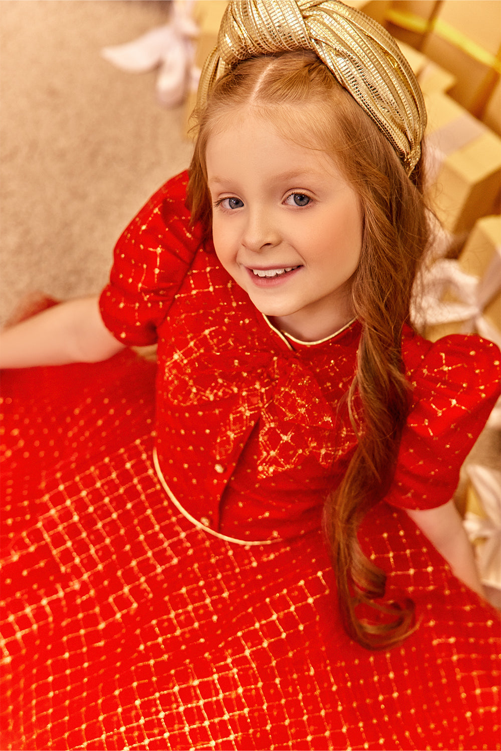 Red and gold tulle layered dress with pussy bow