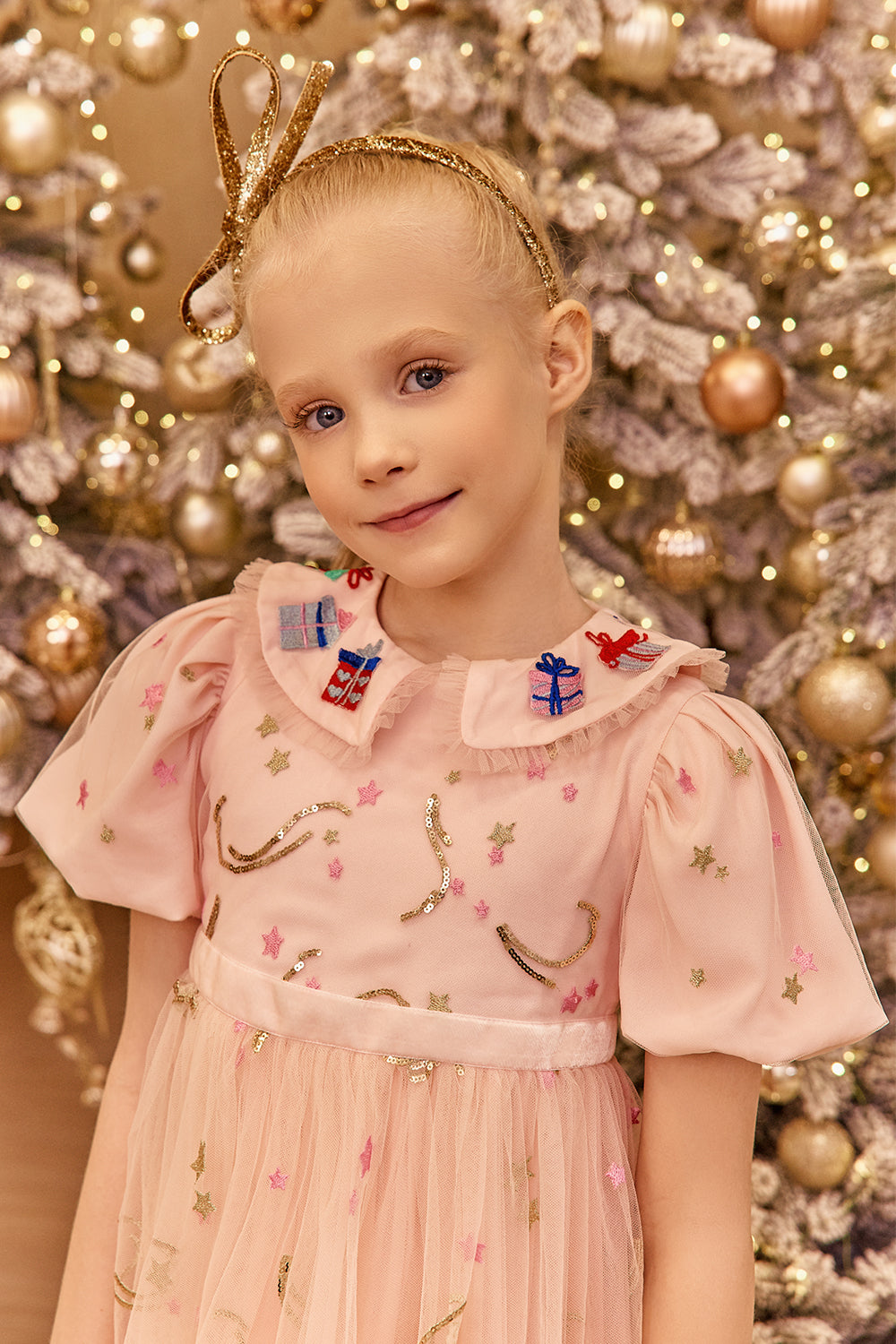 Light pink Christmas tulle dress with sequins and lurex embroidery