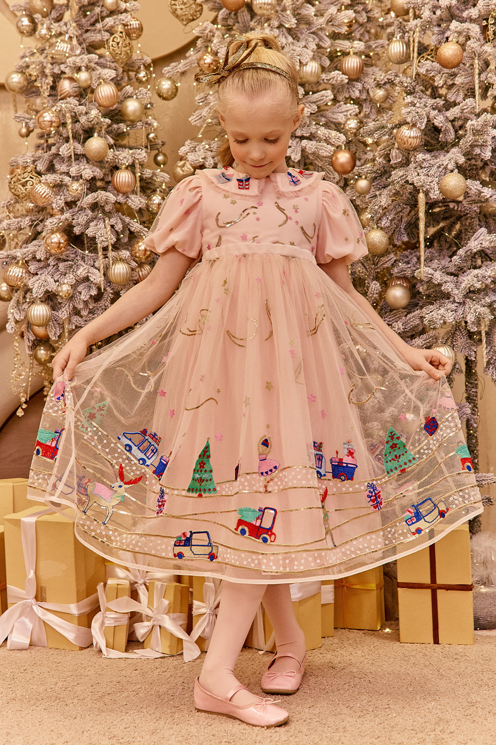 Light pink Christmas tulle dress with sequins and lurex embroidery