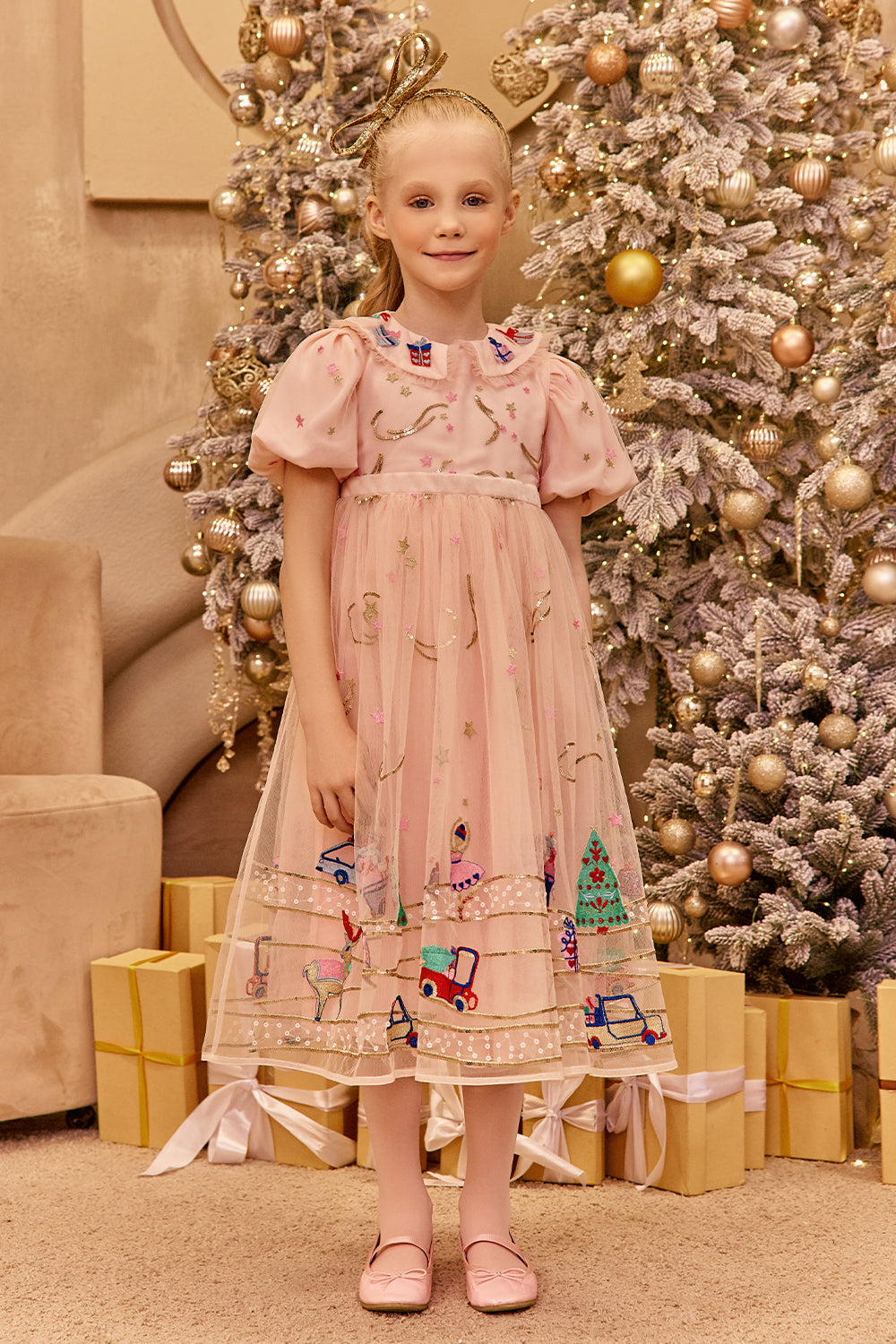 Light pink Christmas tulle dress with sequins and lurex embroidery