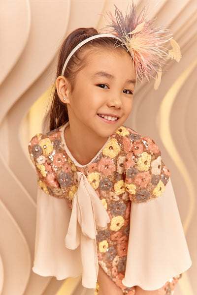 Sequins multi color floral dress with crepe sleeves and bow