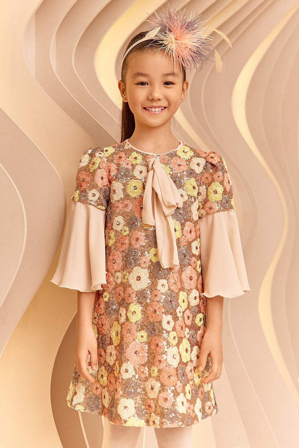 Sequins multi color floral dress with crepe sleeves and bow
