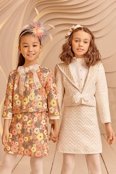 Off-white and gold tweed blazer with bow
