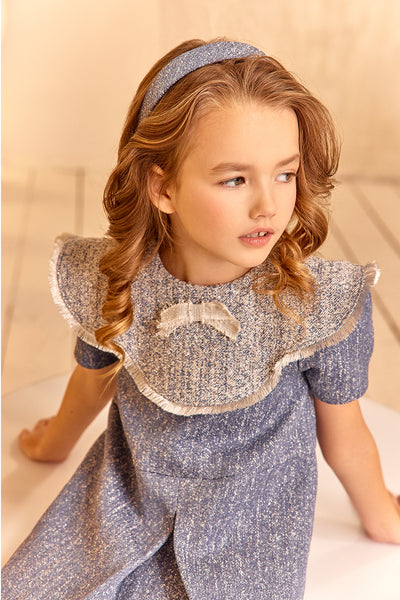Denim and silver dress with pretty collar and bow