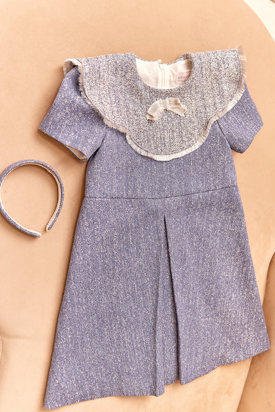 Denim and silver dress with pretty collar and bow