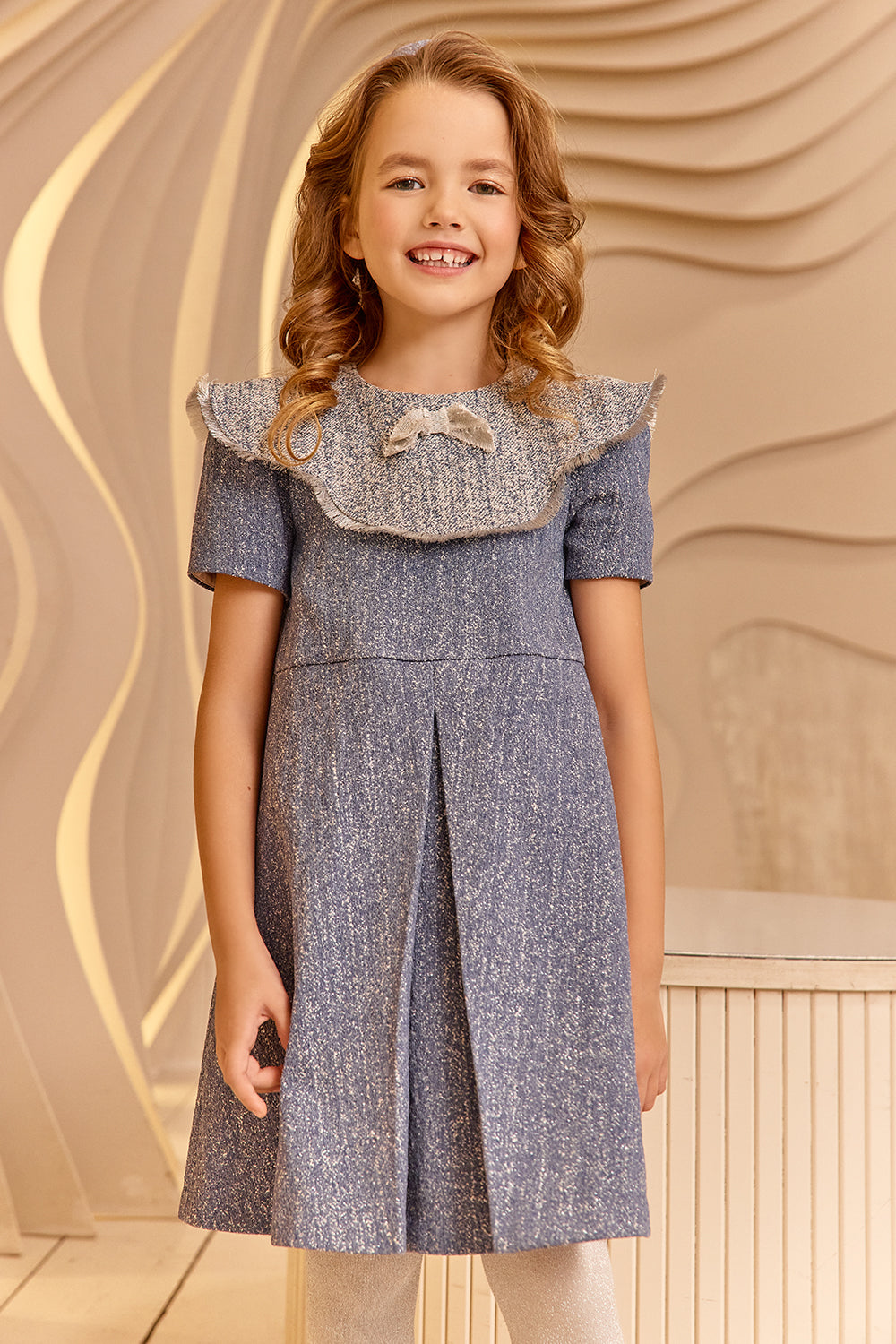 Denim and silver dress with pretty collar and bow