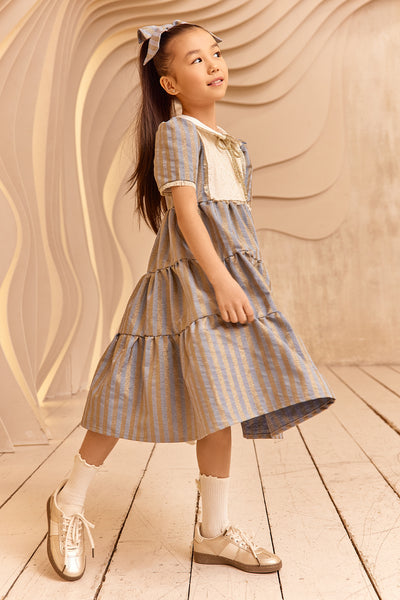 Denim and gold striped dress with white collar and gold details