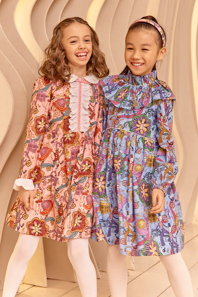 Liberty London funny creatures cotton pink dress with collar and front frilled detail