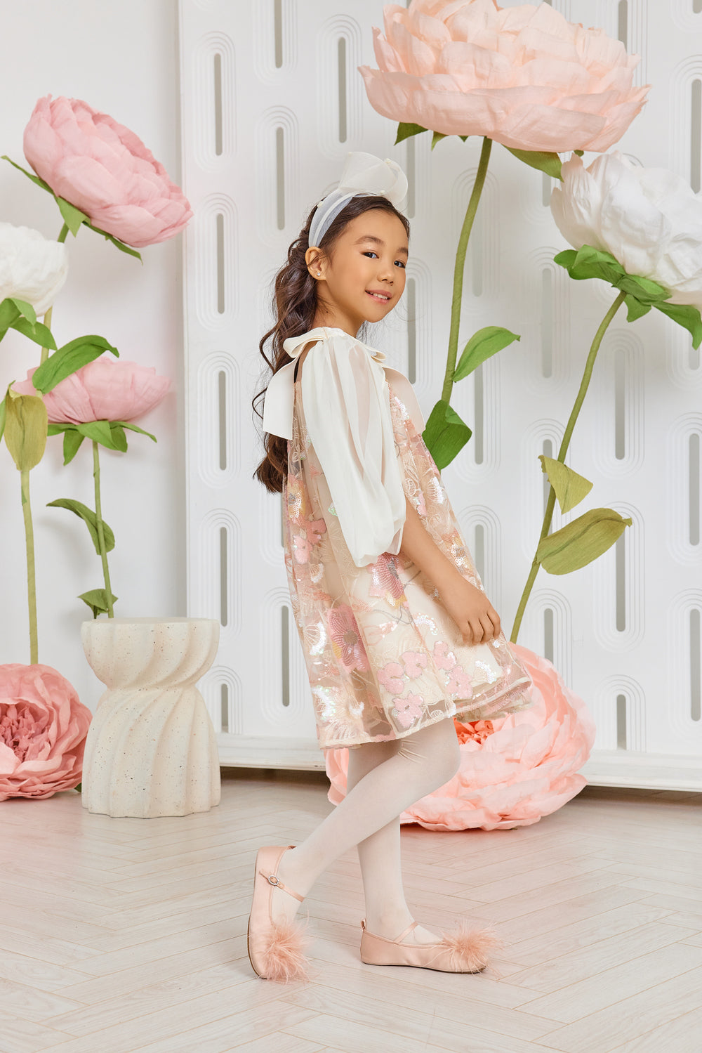 Pink and ivory sequin floral lace dress with ivory chiffon sleeves and velvet bows