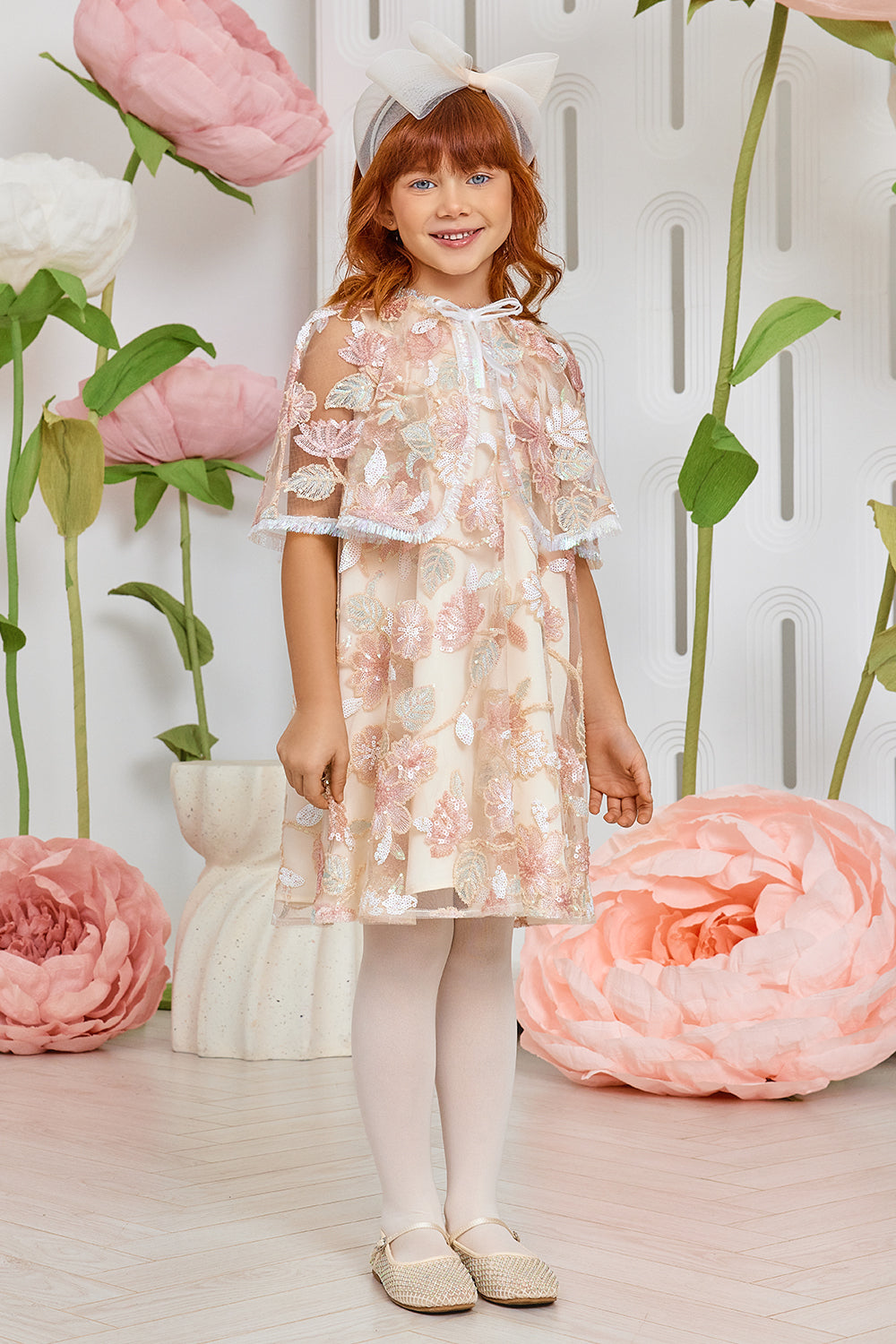 Pink, ivory and mint sequin floral cape dress with fringes