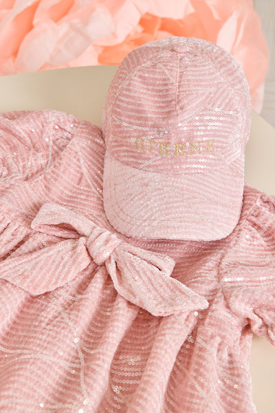 Pink velvet sequin dress with bow
