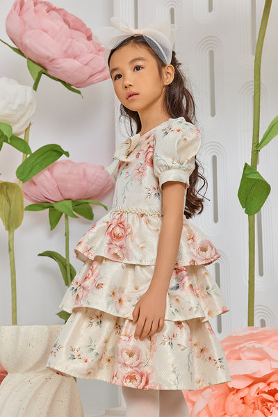 Ivory gold floral dress with frills and bow