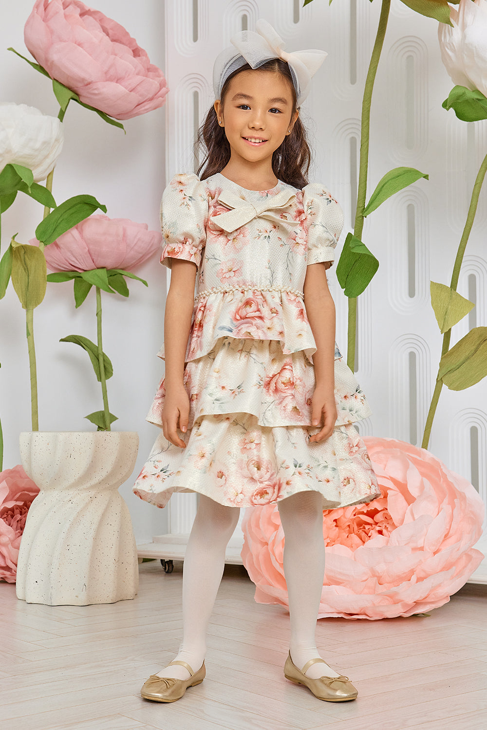 Ivory gold floral dress with frills and bow