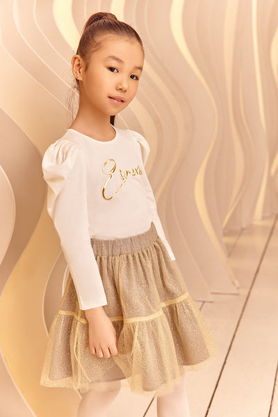 White gold logo t-shirt with puffed sleeves