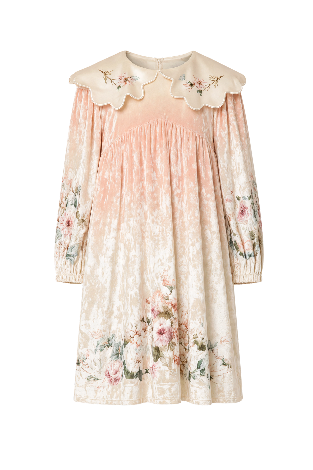Peach velvet dress with a floral print and scalloped collar - product view