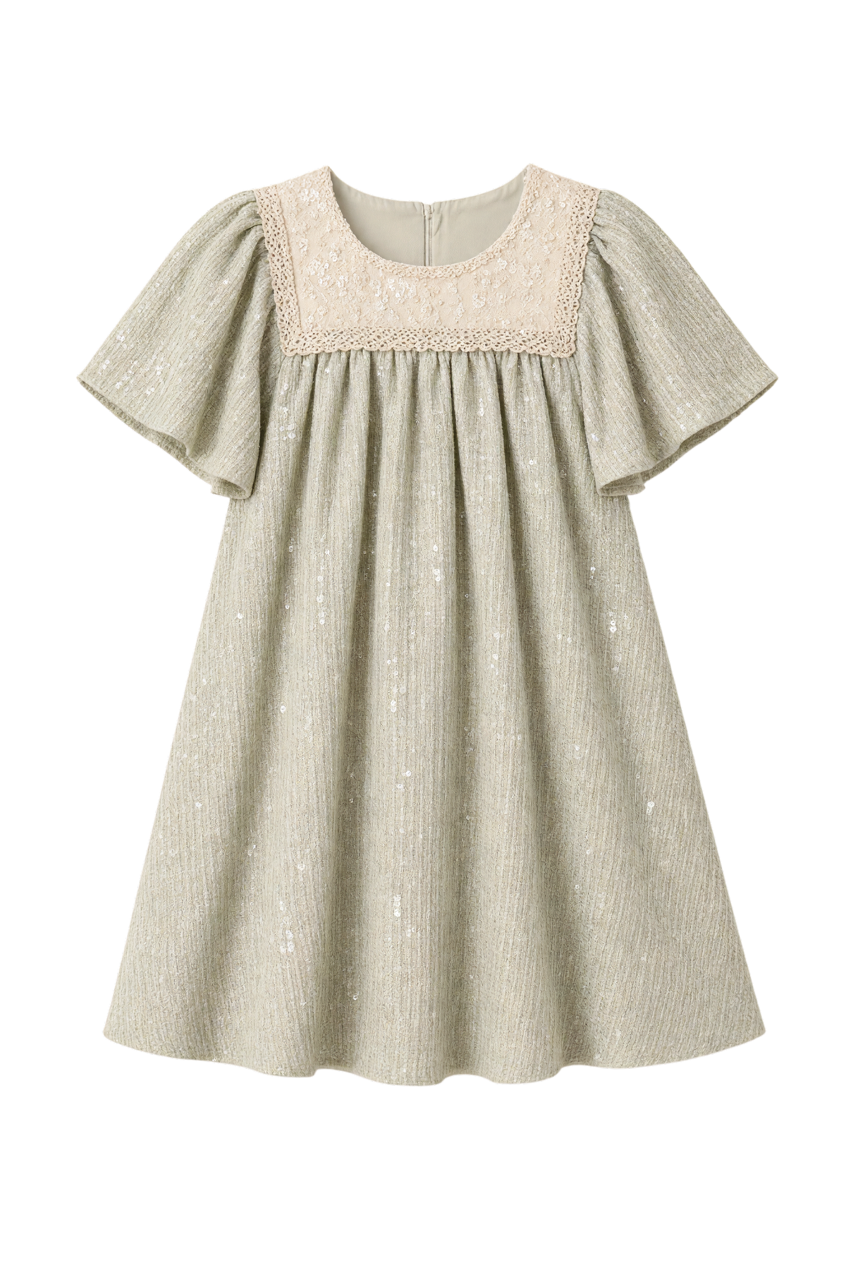 Blue A-line dress with a beaded yoke and flutter sleeves - product view
