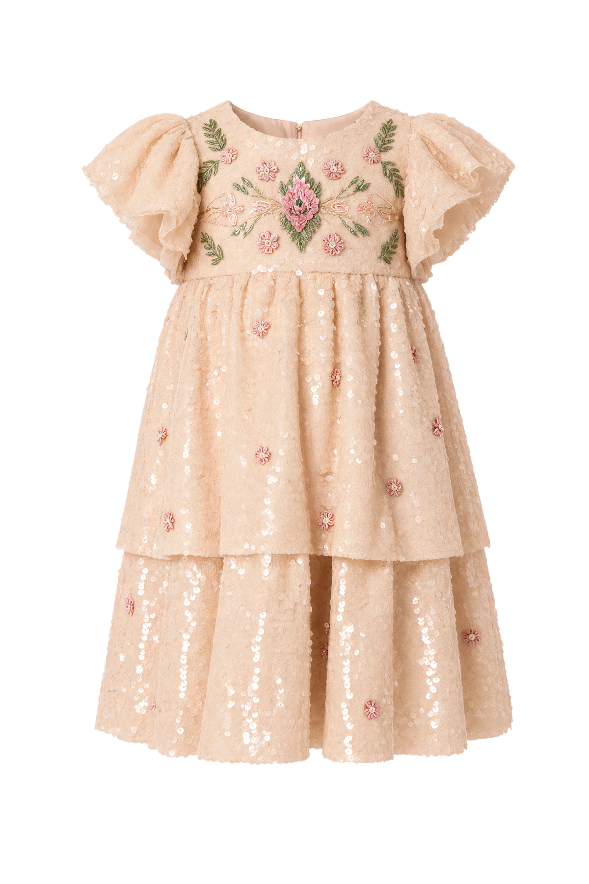 Dusty pink layered dress with sequins and 3D flowers - product view