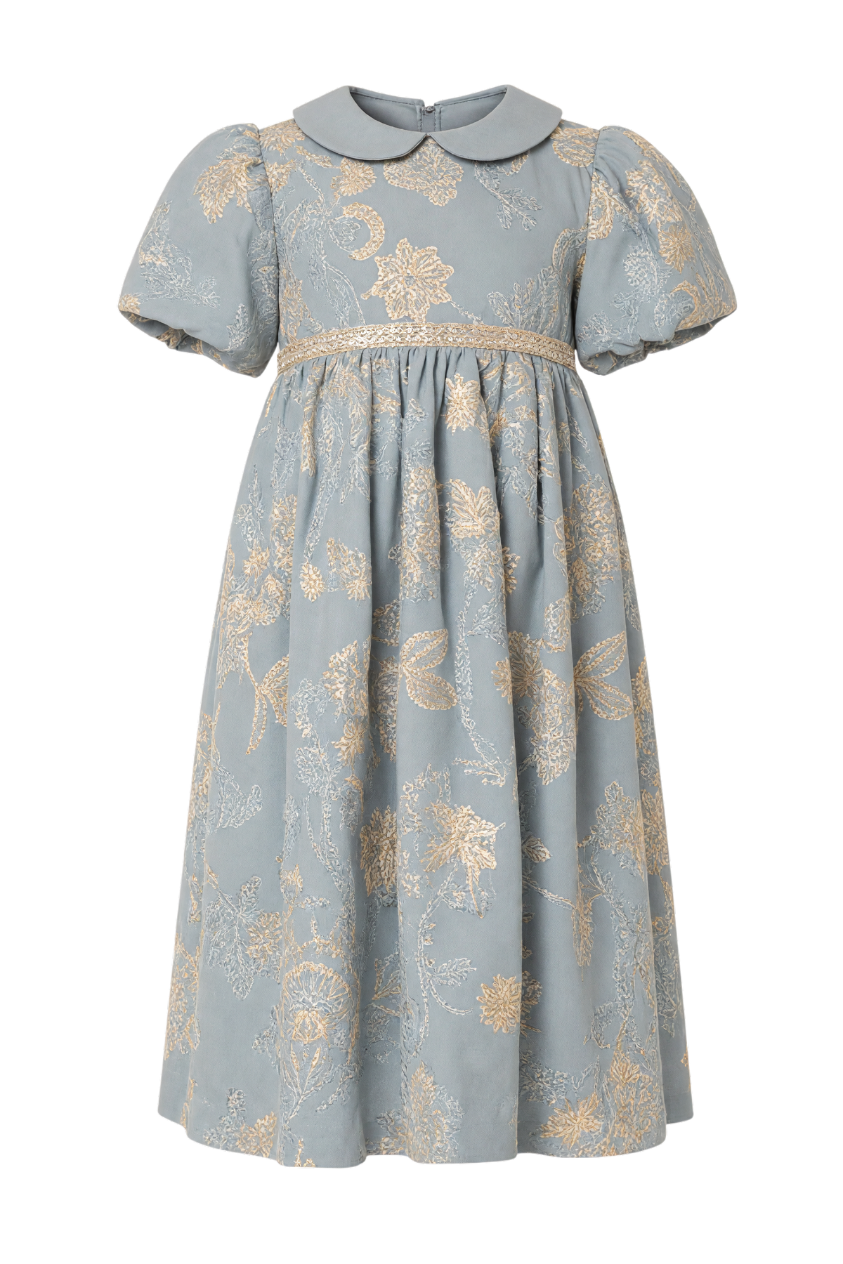 Powder blue A-line dress with gold floral embroidery - product view