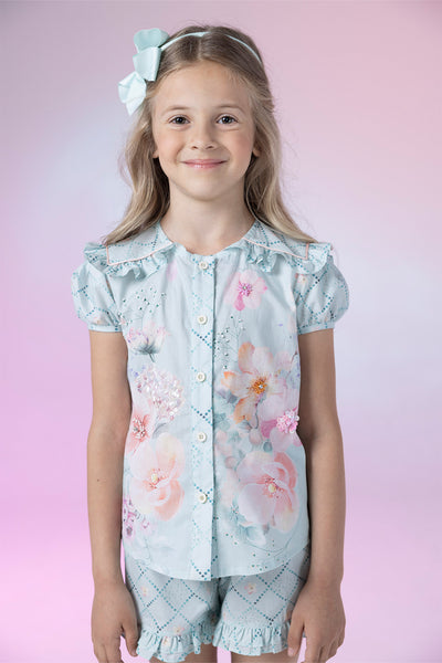 Floral shirt and shorts set with hand-made embellishments