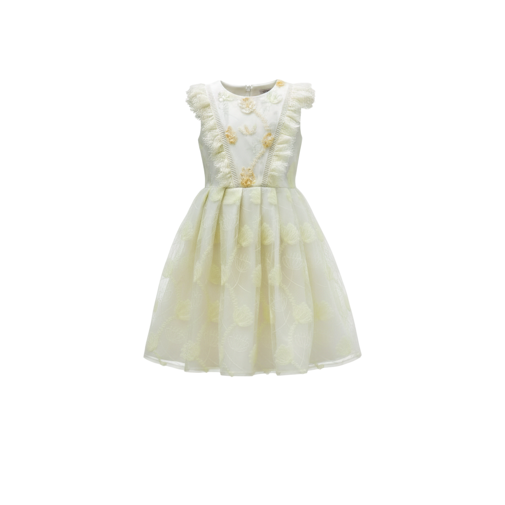 Light yellow floral lace dress with sequin hand-embellishments