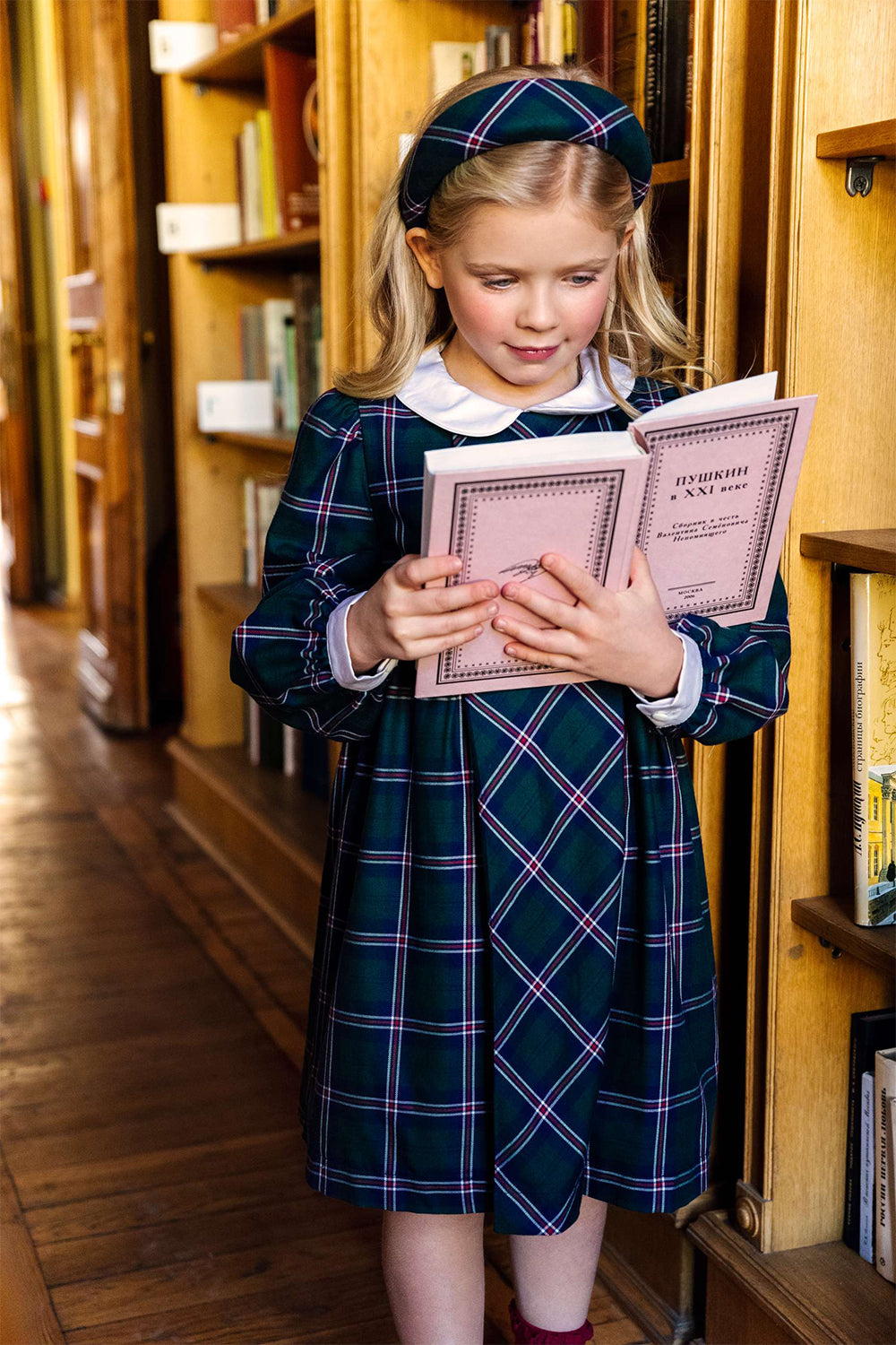Green and blue tartan cotton dress with white collar and blue branded mother of pearl buttons