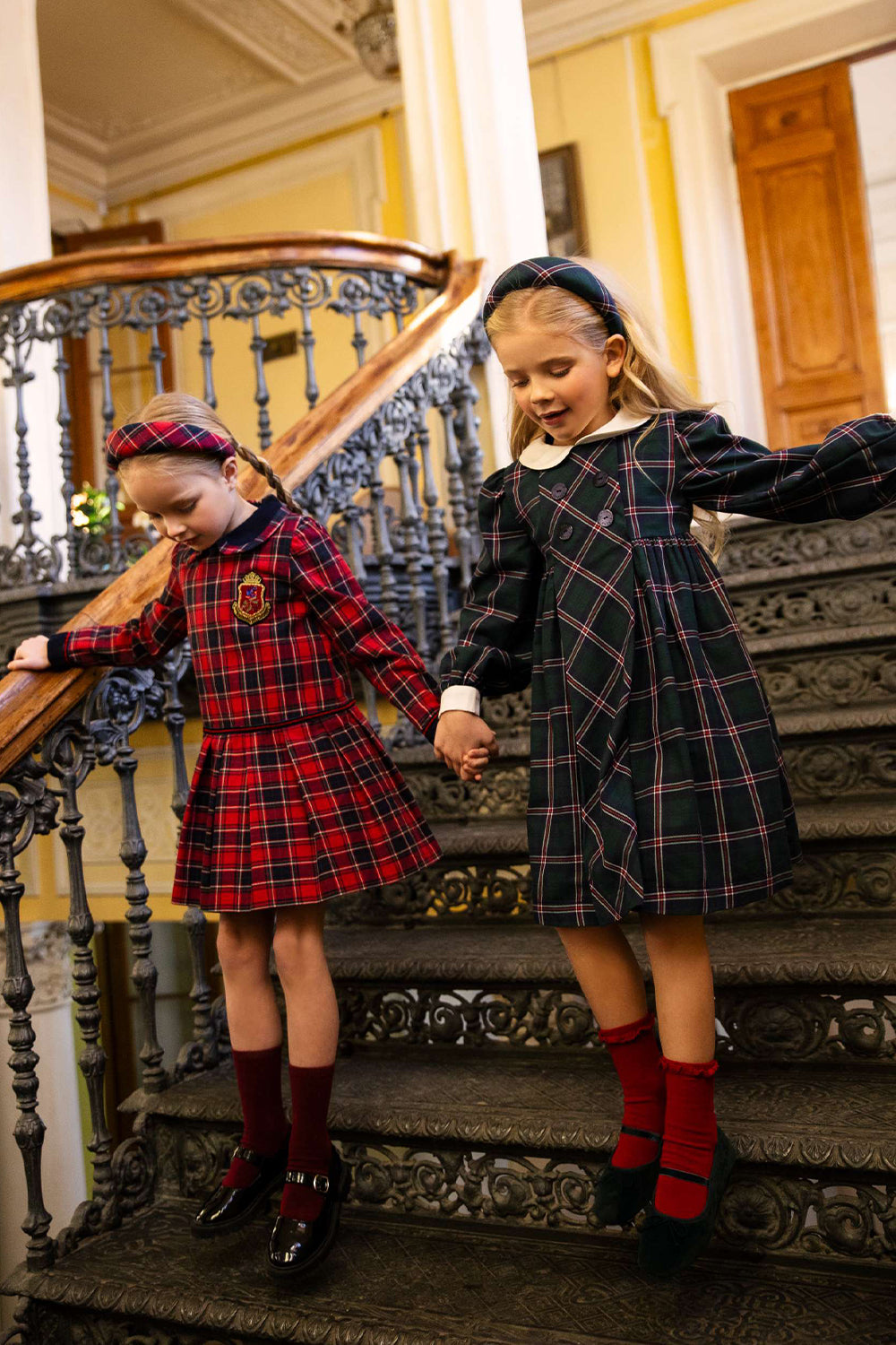Green and blue tartan cotton dress with white collar and blue branded mother of pearl buttons
