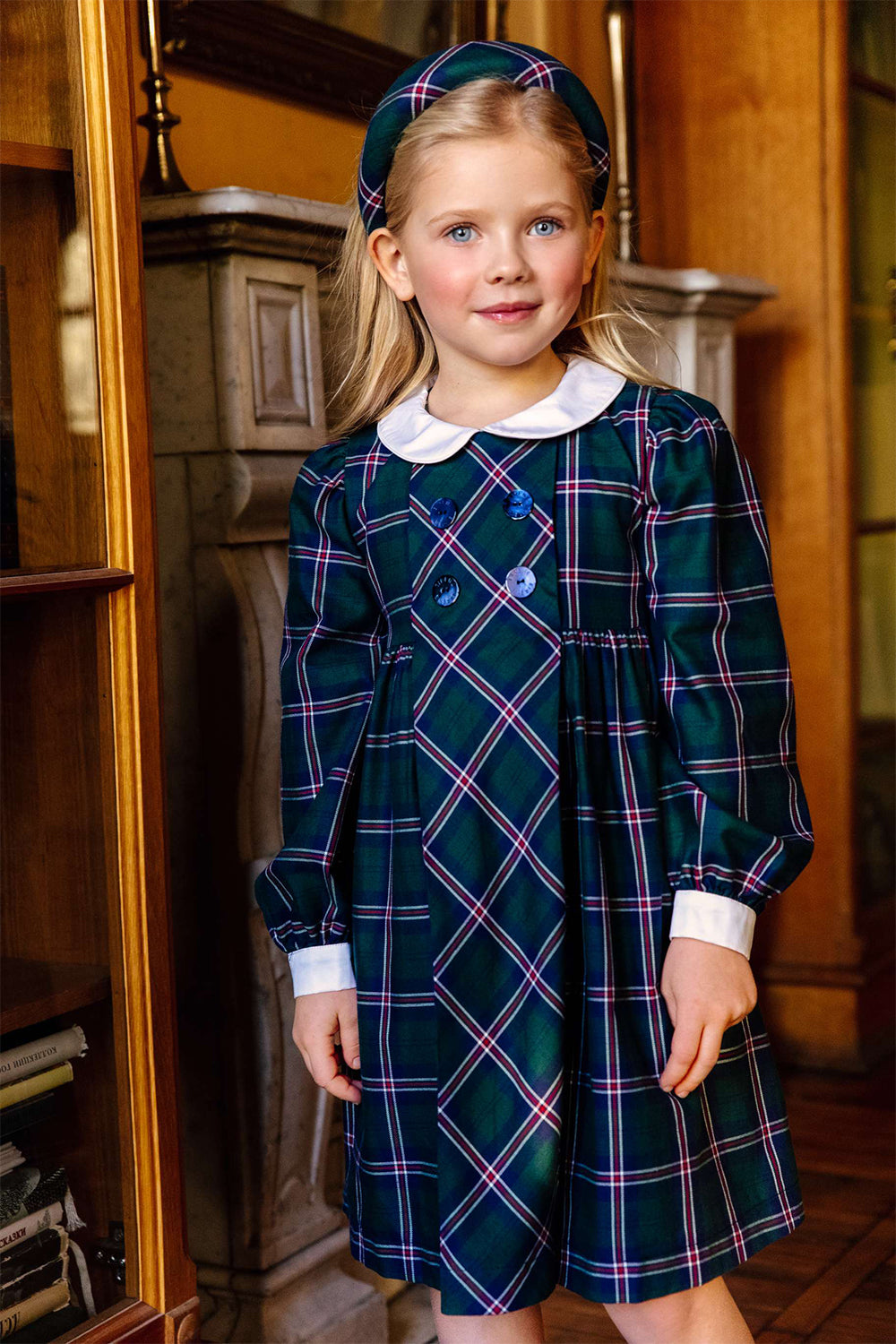 Green and blue tartan cotton dress with white collar and blue branded mother of pearl buttons
