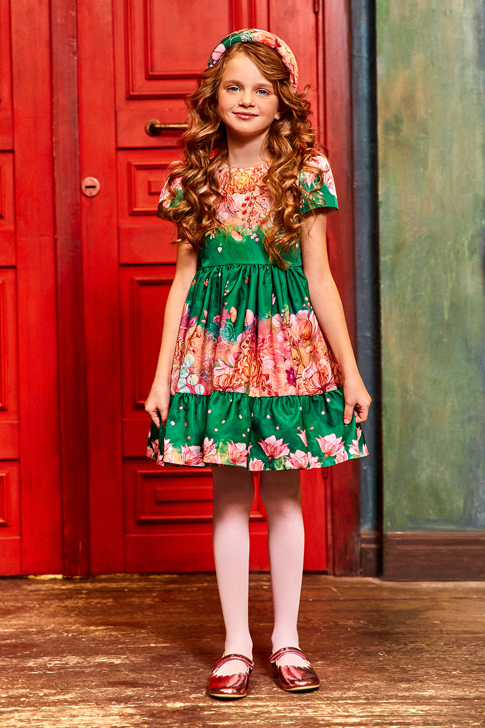 Green floral hand-embellished dress