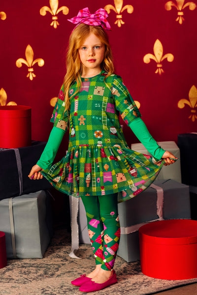Green tartan Christmas landscape mesh tunic dress with long green cotton under t-shirt