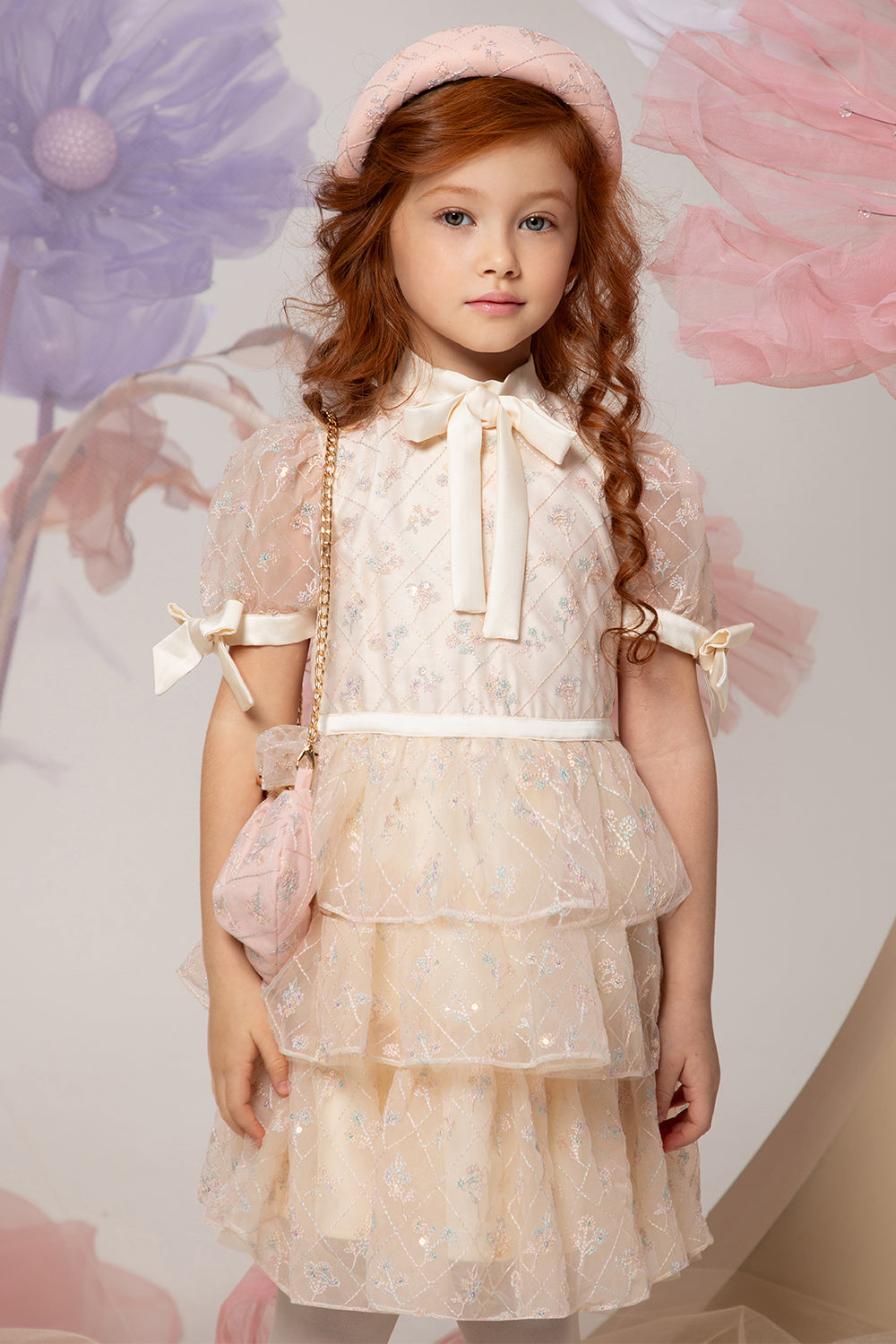 Ivory micro flowers embroidered lace dress with frills, pussy bow and bows on the sleeves