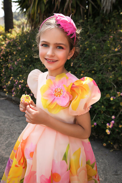 Light peach organza dress with floral print and 3D hand-embellished flower