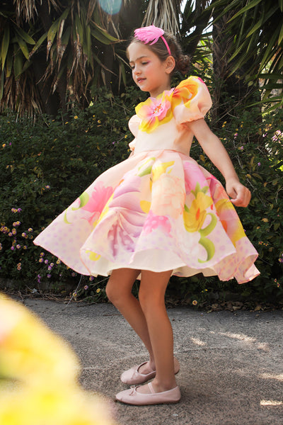 Light peach organza dress with floral print and 3D hand-embellished flower