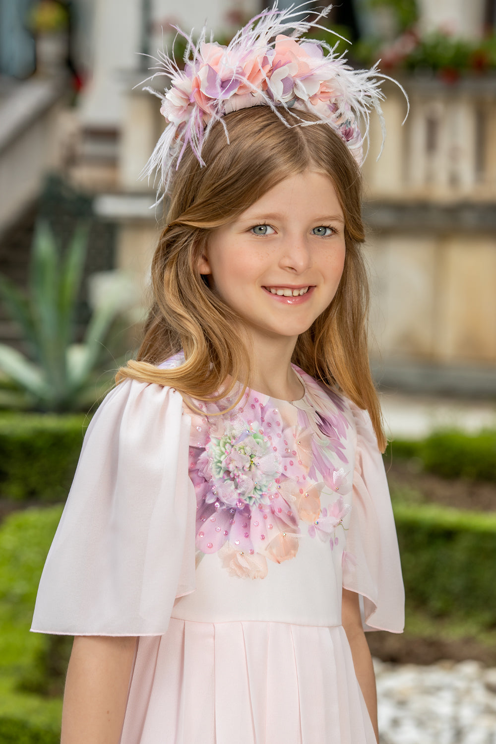 Light pink chiffon pleated dress with hand-embellished flowers