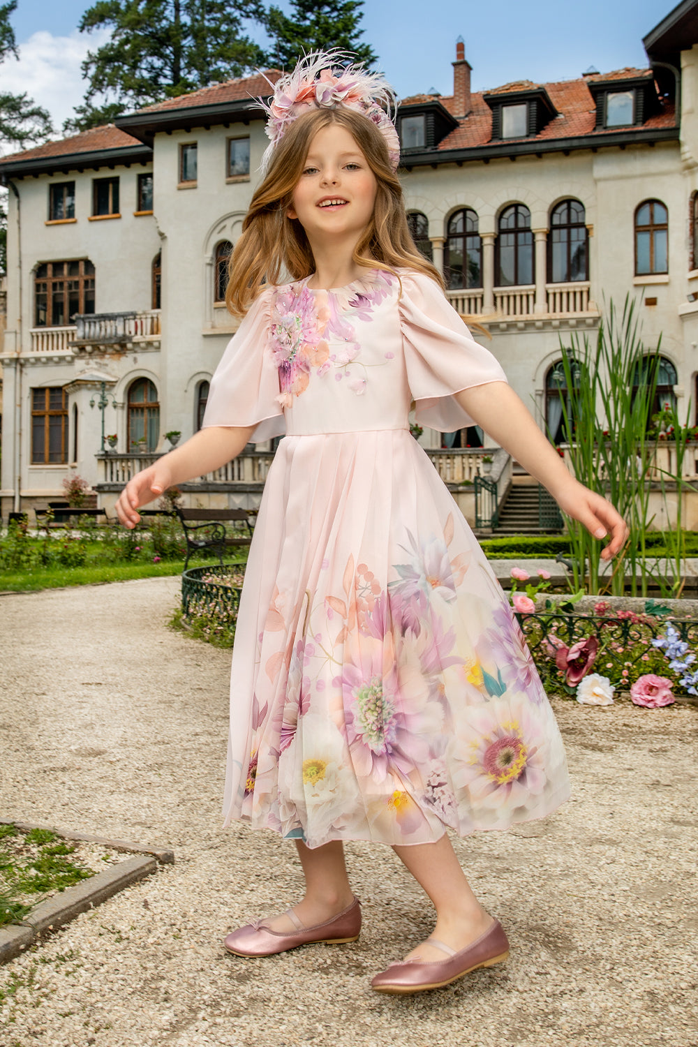 Light pink chiffon pleated dress with hand-embellished flowers