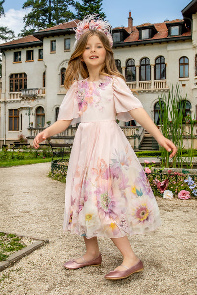Light pink chiffon pleated dress with hand-embellished flowers