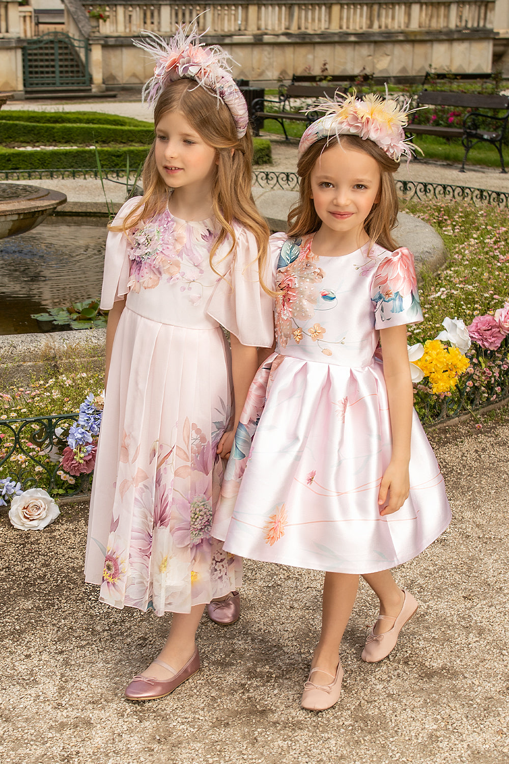 Light pink chiffon pleated dress with hand-embellished flowers