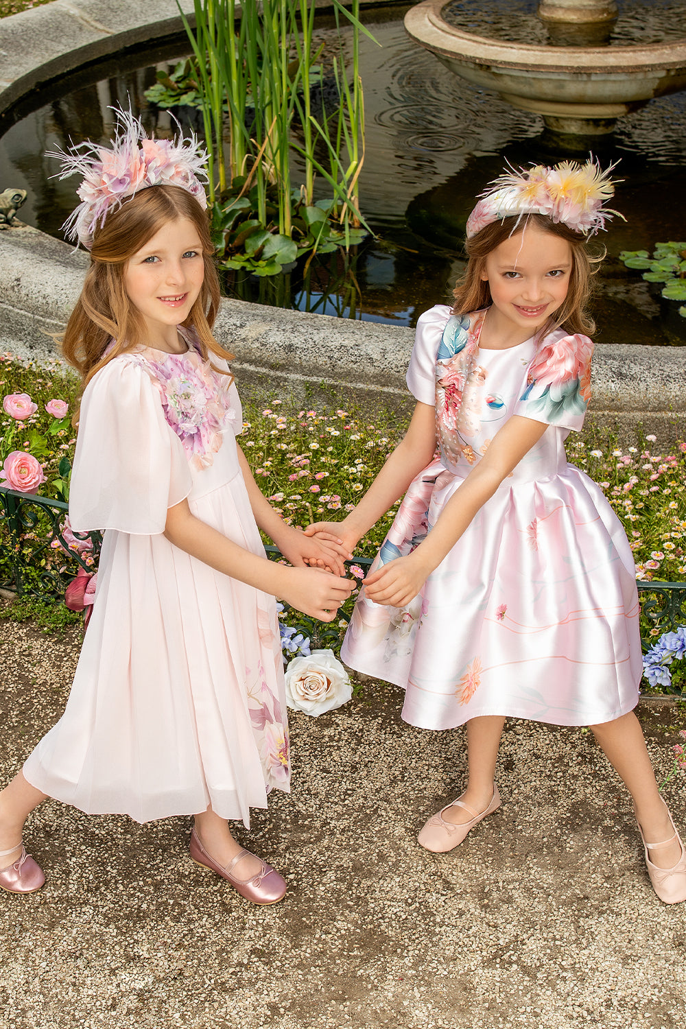 Light pink chiffon pleated dress with hand-embellished flowers